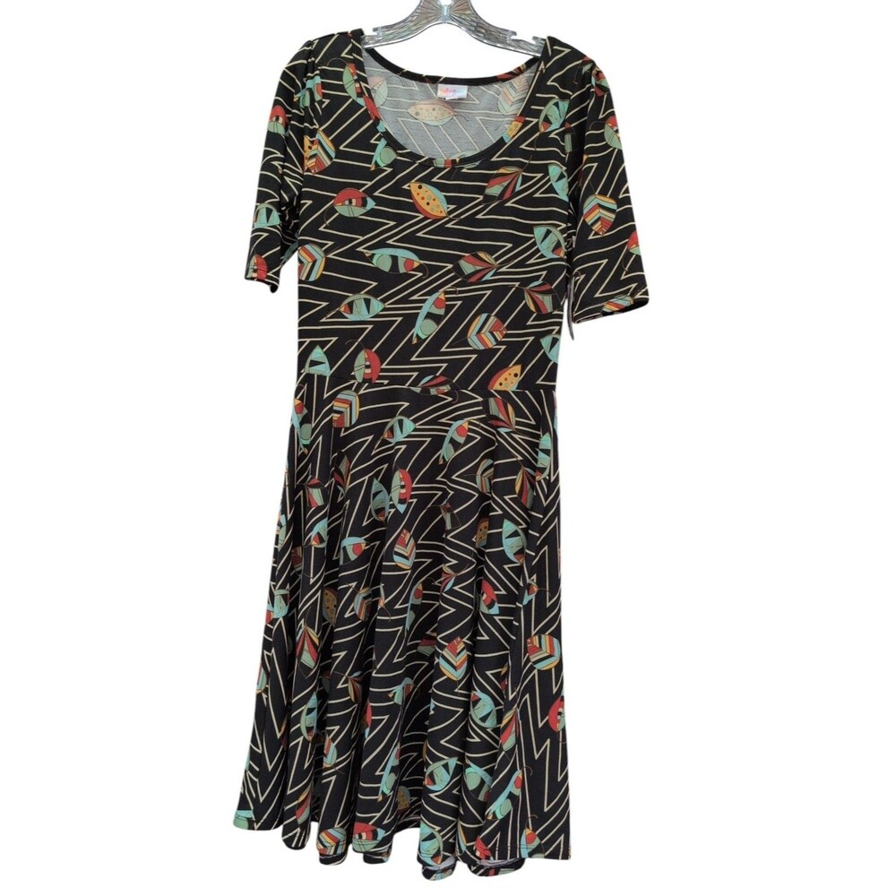 LuLaRoe Nicole Dress Large Black Leaf Geometric Print Fit Flare NWT Nature